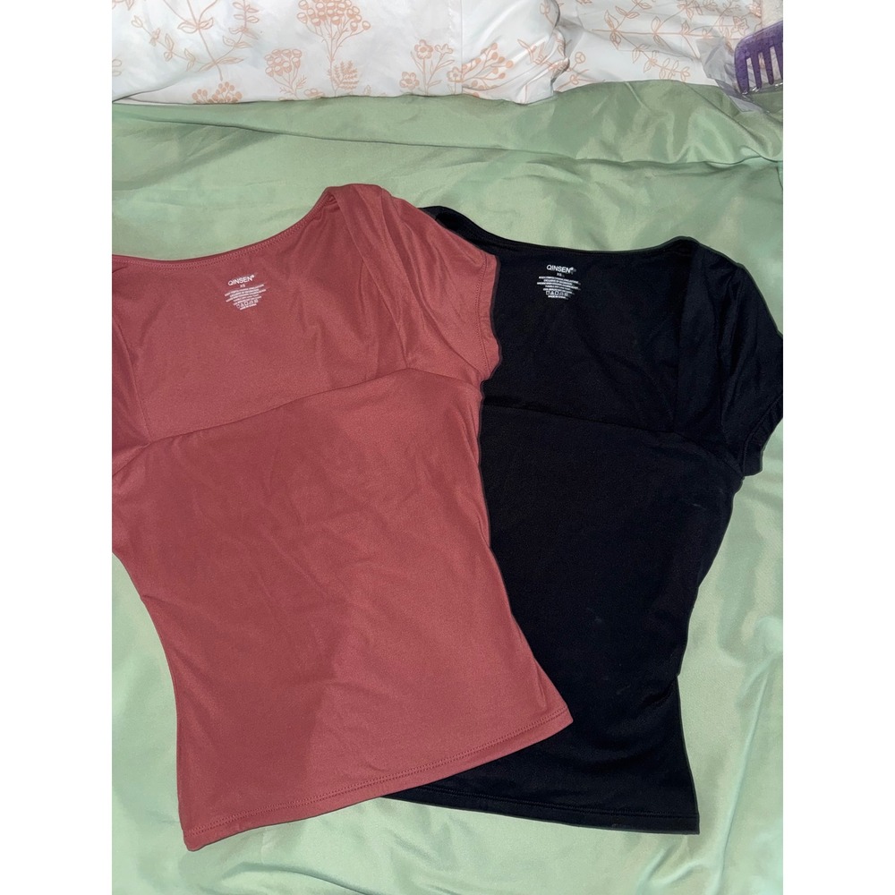 QINSEN Womens Square Neck Short Sleeve Top 2 Pack Black Rose XS Slim Fit Stretch